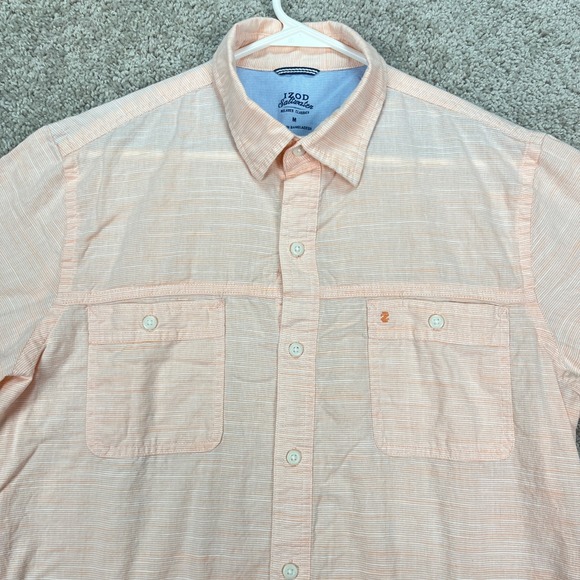 IZOD Saltwater Men Medium Shirt Relaxed Classics Peach Stripe Short Sleeve Beach - Picture 1 of 9